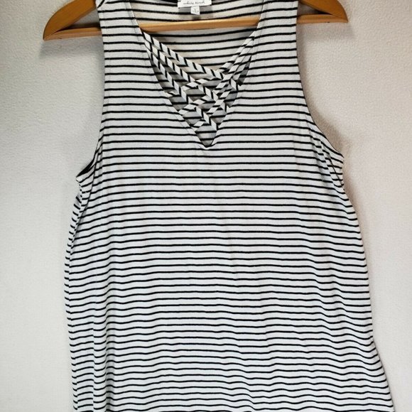 white birch Tops - WHITE BIRCH Women's Tank Black & White Striped Criss-Cross Front Size Large